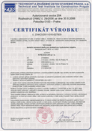 Certifikát chrom-niklové izolační desky